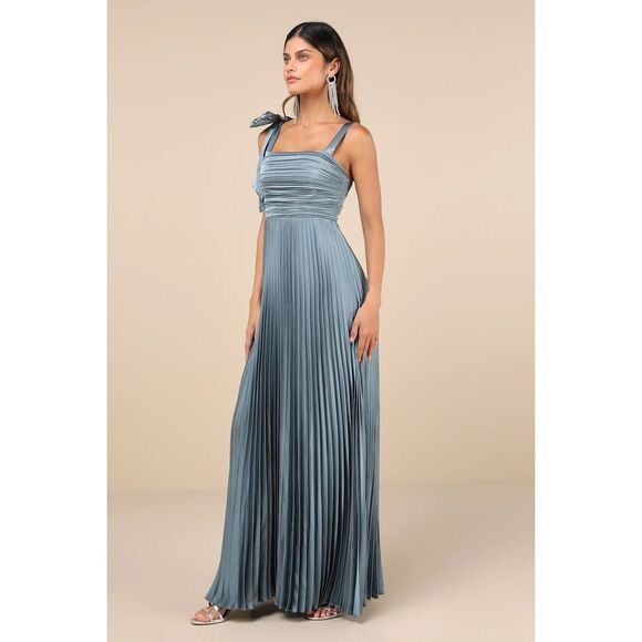 Lulus Gorgeous Purpose Slate Satin Pleated Sleeveless Bow Maxi Dress Size 1X NWT - Picture 7 of 13